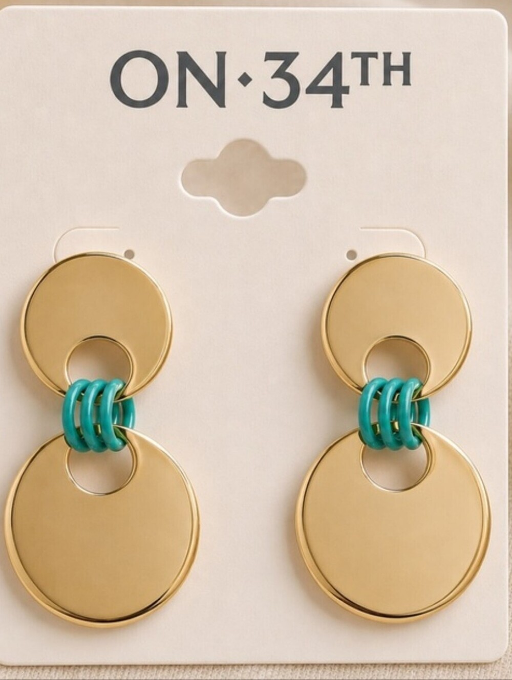 New! ON-34TH Golden and Teal Disc Drop Earrings